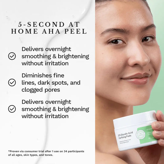 Small jar of clarifying peel pads with green label, held near face