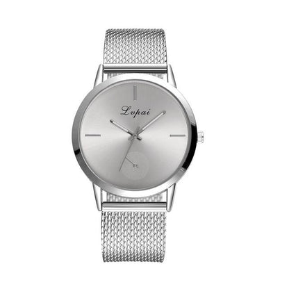 Silver fashion watch with silver mesh strap and round gray dial