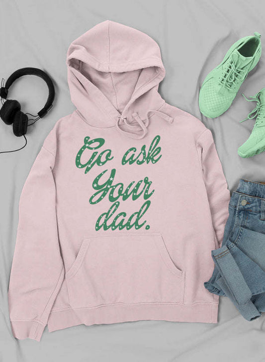 Pink pullover hoodie with hood, drawstring, front pocket, and green graphic text
