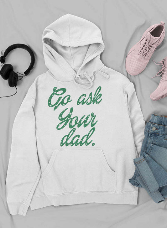 White pullover hoodie with green front graphic, hood and kangaroo pocket