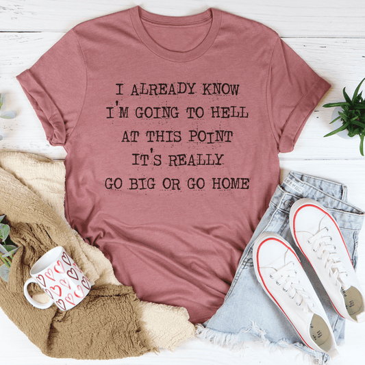 Mauve crew-neck T-shirt with black slogan graphic, short sleeves
