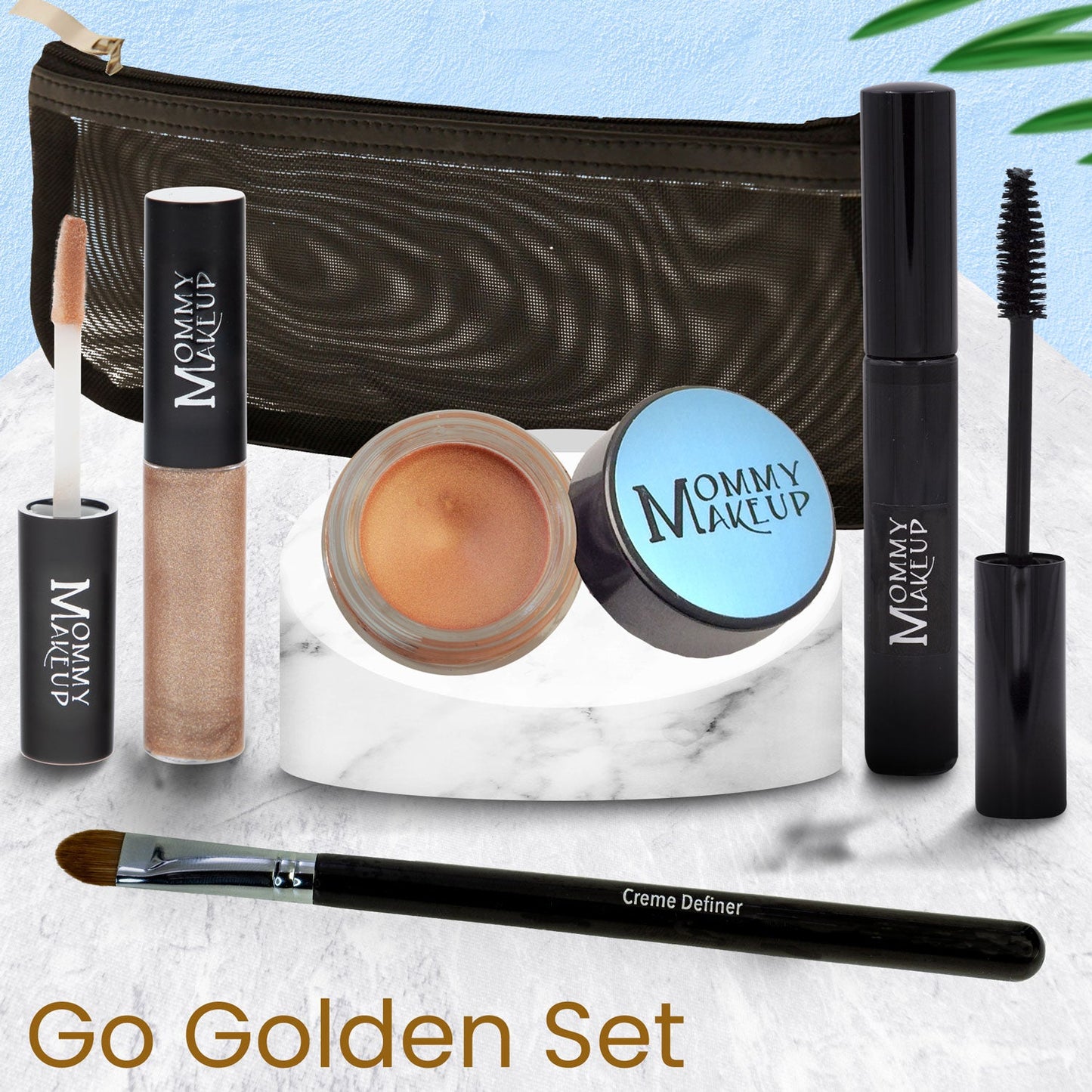 Makeup set items with dark zip pouch, including mascara, lip gloss, cream, and brush.