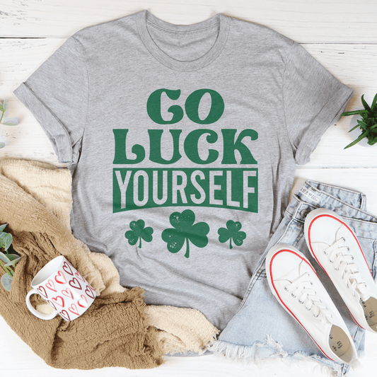 Heather gray crewneck T-shirt with green "Go Luck Yourself" graphic and clover icons