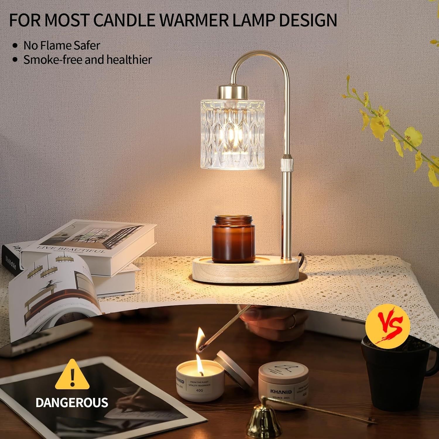 Gold Candle Warmer Lamp with Dimmer and Timer,Home Decor Lamp for Scented Jar,Electric Wax Melt Warmer,Mother's Day/Birthday/Christmas Gifts for Mom/Wife,Adjustable Height,with 2 Bulbs - Renee Lane Company