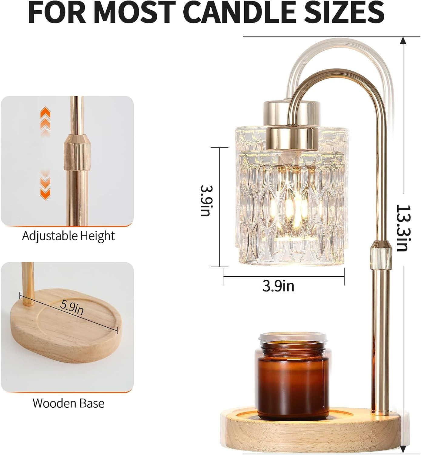Gold Candle Warmer Lamp with Dimmer and Timer,Home Decor Lamp for Scented Jar,Electric Wax Melt Warmer,Mother's Day/Birthday/Christmas Gifts for Mom/Wife,Adjustable Height,with 2 Bulbs - Renee Lane Company