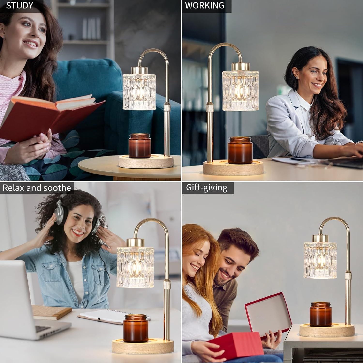 Gold Candle Warmer Lamp with Dimmer and Timer,Home Decor Lamp for Scented Jar,Electric Wax Melt Warmer,Mother's Day/Birthday/Christmas Gifts for Mom/Wife,Adjustable Height,with 2 Bulbs - Renee Lane Company