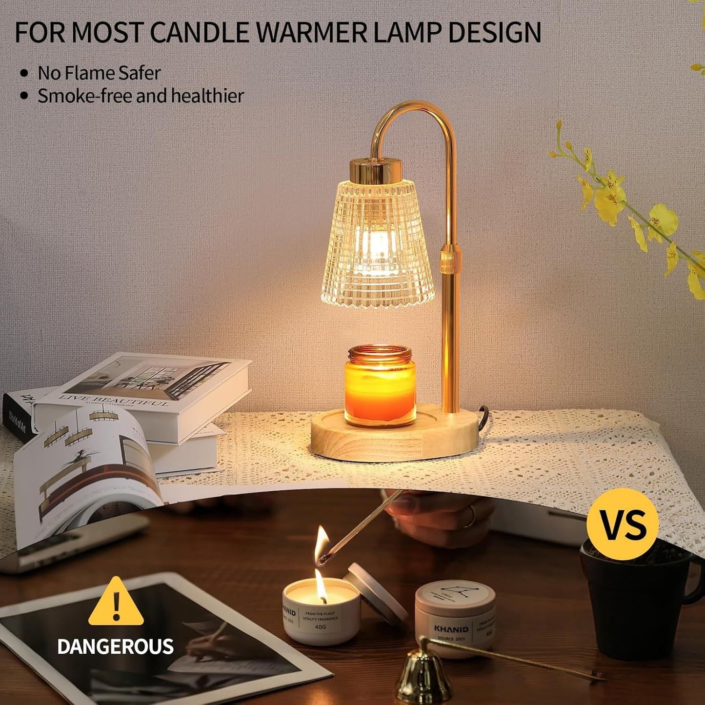 Gold Candle Warmer Lamp with Timer and Dimmer,Fragrance Electric Wax Melt Warmer with 2 Bulbs,Scented Jar Lamp,Mother's Day/Birthday/Christmas Gifts for Mom/Wife,Home Decor,Adjustable Height - Renee Lane Company