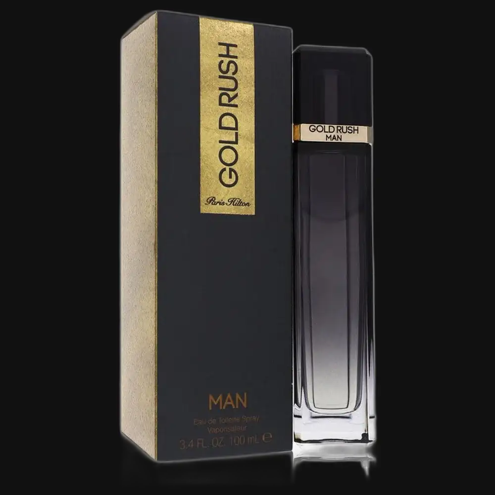 Mens Gold Rush Cologne by Paris Hilton, dark bottle with gold-trim box, 3.4 fl oz