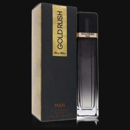 Mens Gold Rush Cologne by Paris Hilton, dark bottle with gold-trim box, 3.4 fl oz