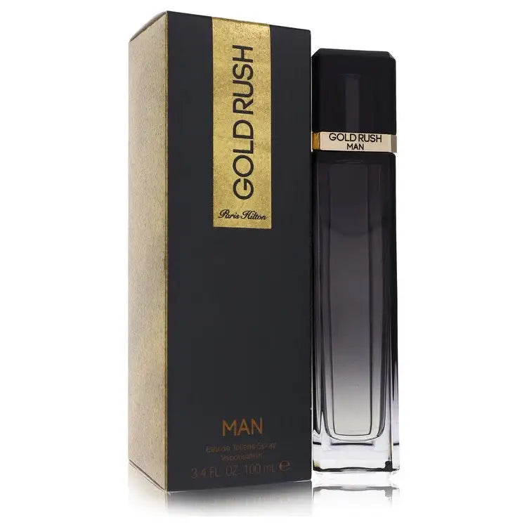 Mens Gold Rush Cologne by Paris Hilton, dark rectangular bottle beside matching gold-trim box