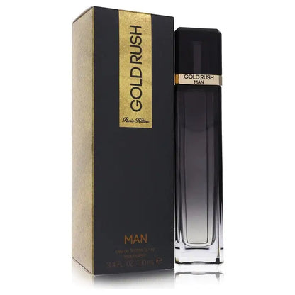 Mens Gold Rush Cologne by Paris Hilton, dark rectangular bottle beside matching gold-trim box