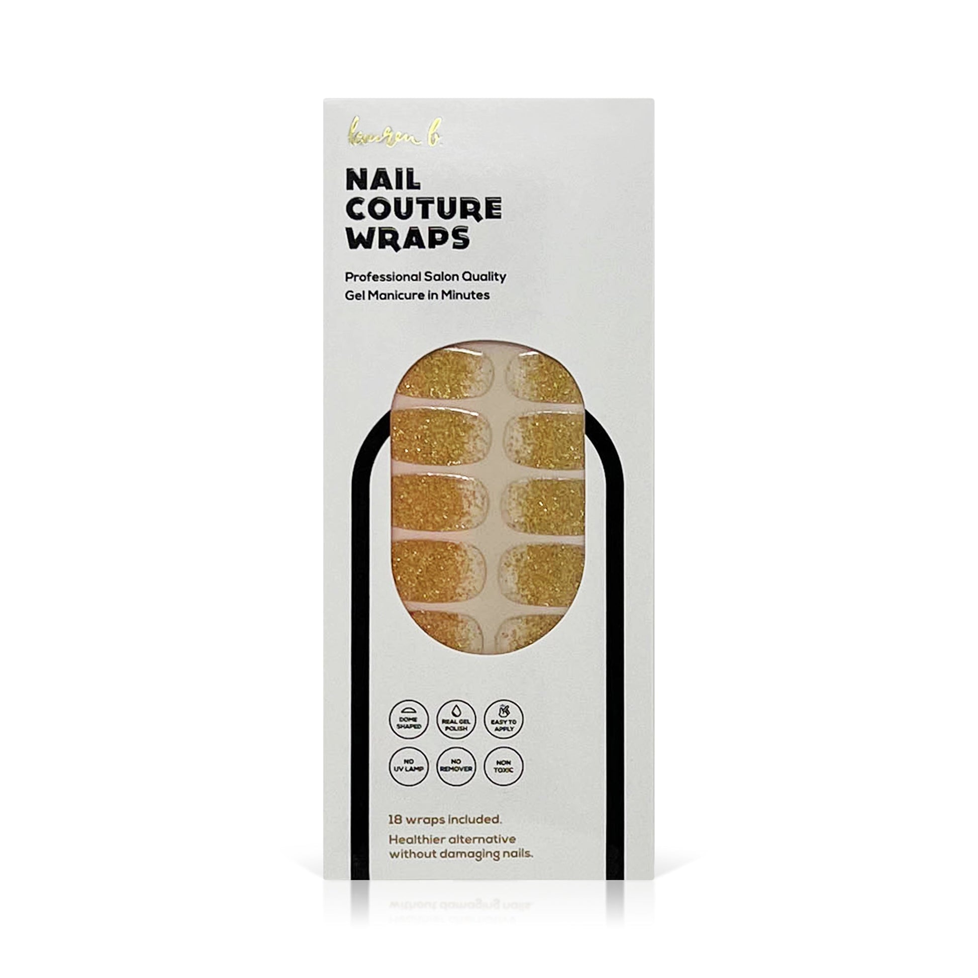 Gold gel nail wrap package showing gold-dusted glitter wrap set on white nails