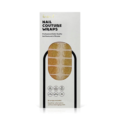 Gold gel nail wrap package showing gold-dusted glitter wrap set on white nails