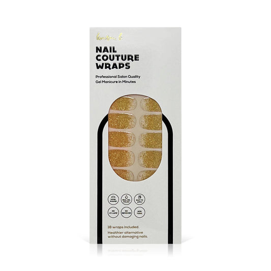 Gold gel nail wrap package showing gold-dusted glitter wrap set on white nails