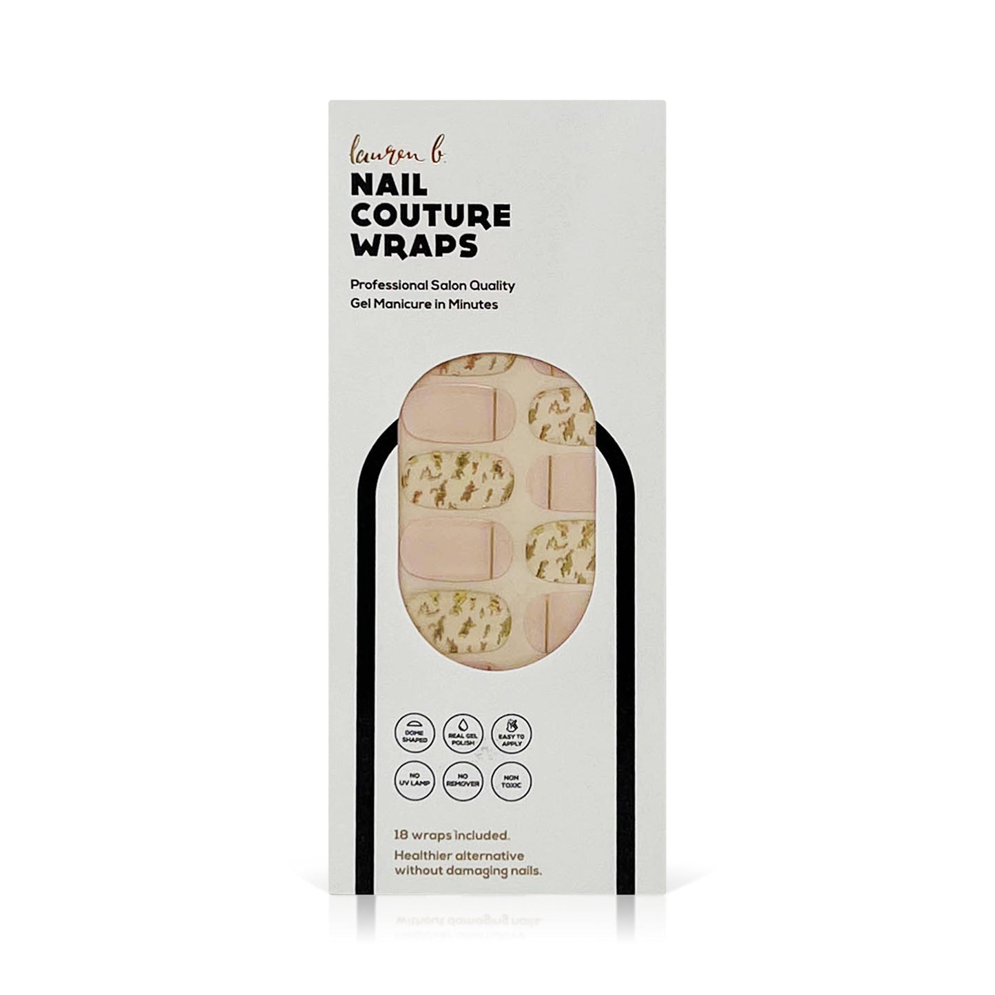 Blush gel nail wrap set with gold leaf accents, 18 wraps in box
