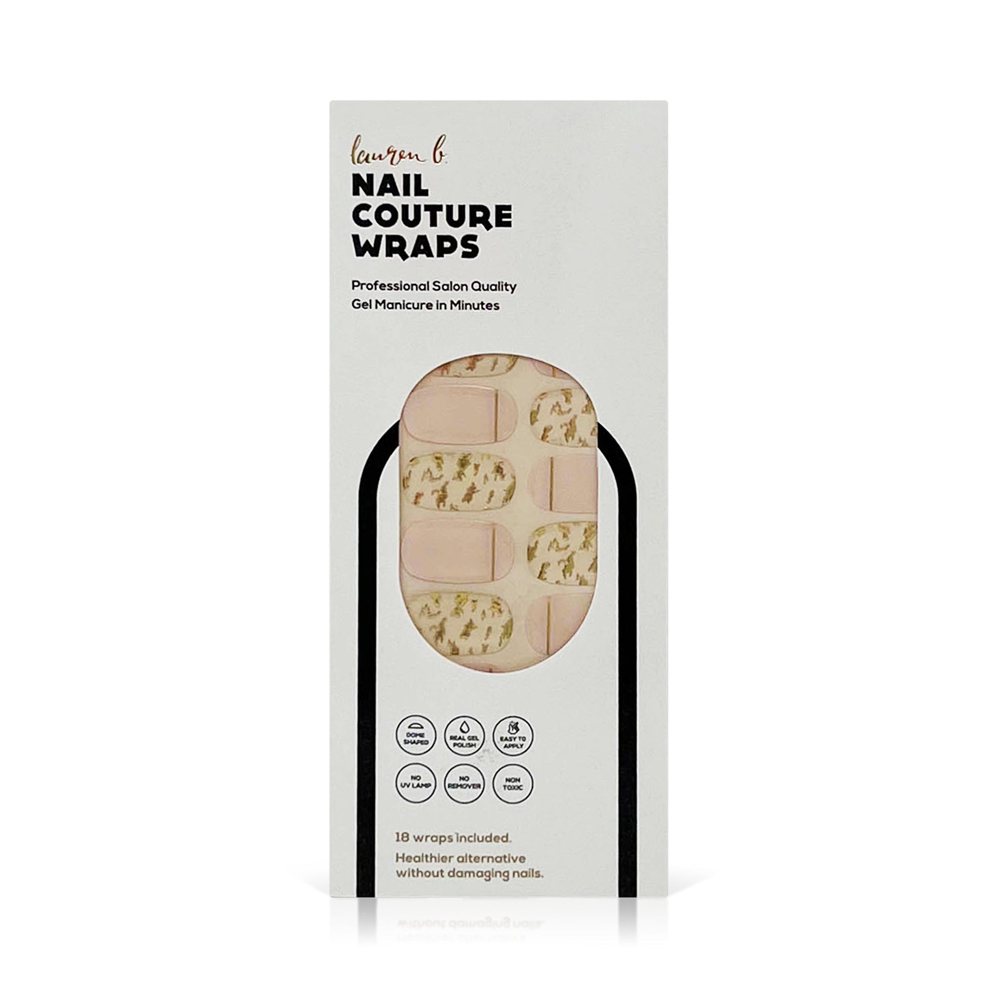 Blush gel nail wrap set with gold leaf accents, 18 wraps in box