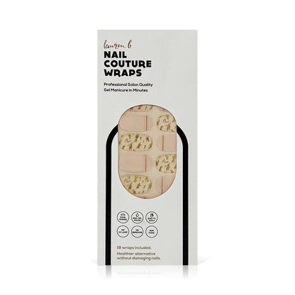 Blush gel nail wrap set with gold leaf accents, 18 wraps in box