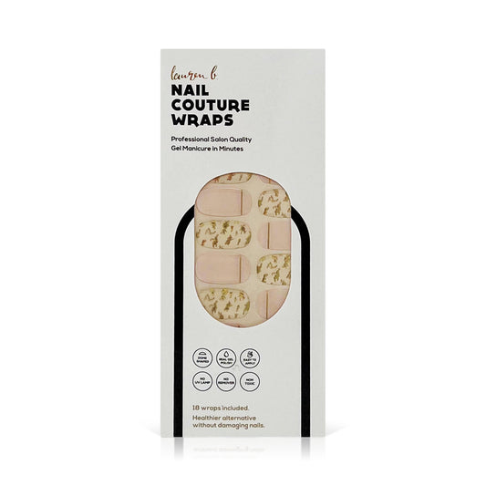 Blush gel nail wrap set with gold leaf accents, 18 wraps in box