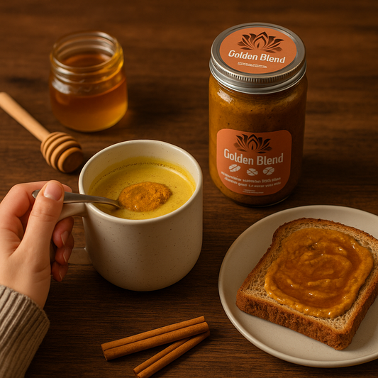 Turmeric blend jar with mug and toast, plus honey dipper sticks