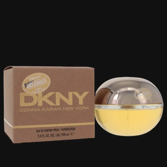 DKNY Donna Karan New York perfume set with brown box and round gold bottle, 3.4 oz.