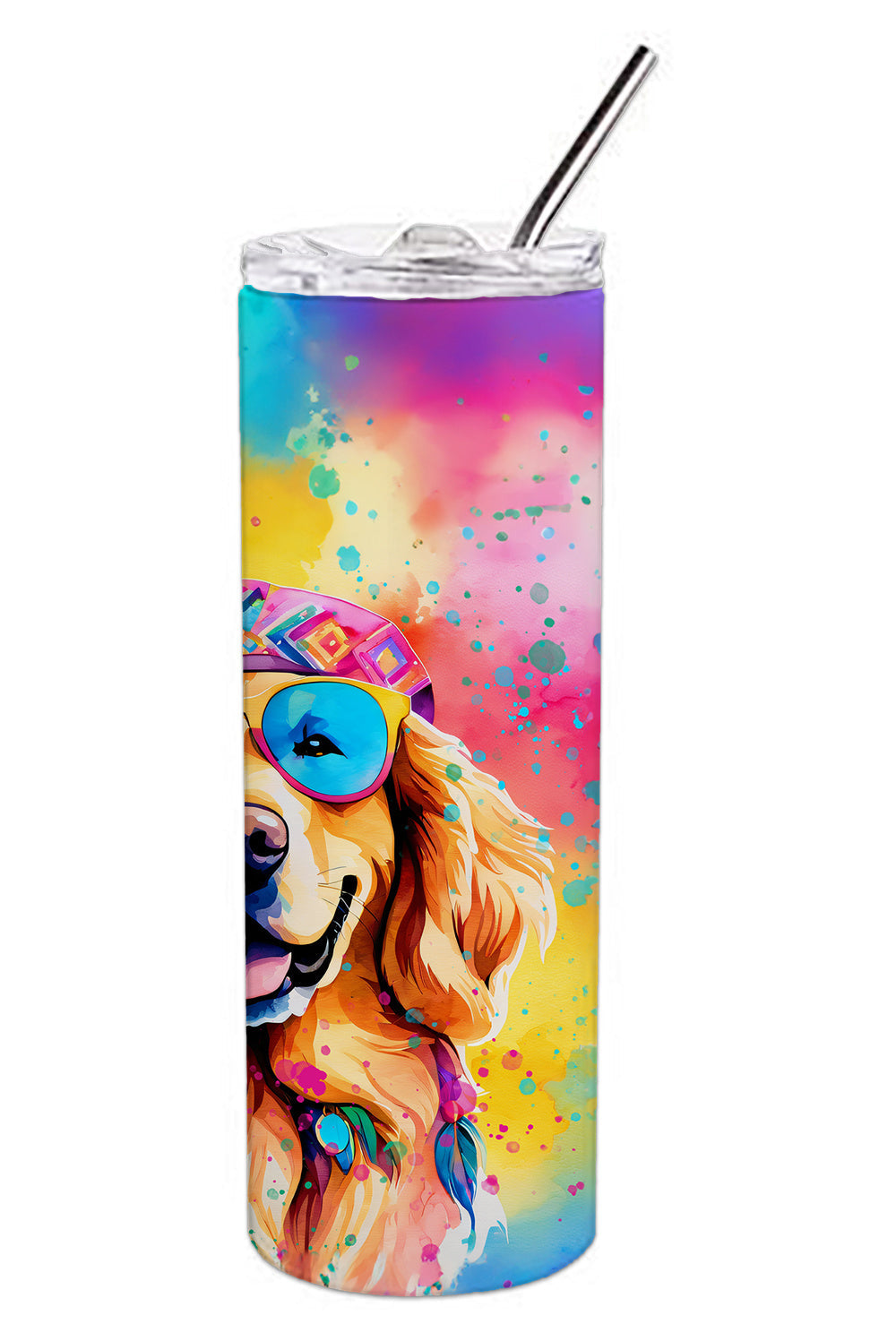 Golden Retriever Hippie Dawg Stainless Steel Skinny Tumbler Vacuum Double Walled Reusable Insulated Tumbler Travel Cup for Coffee Cocktails Gift with Lid, 20 oz - Renee Lane Company