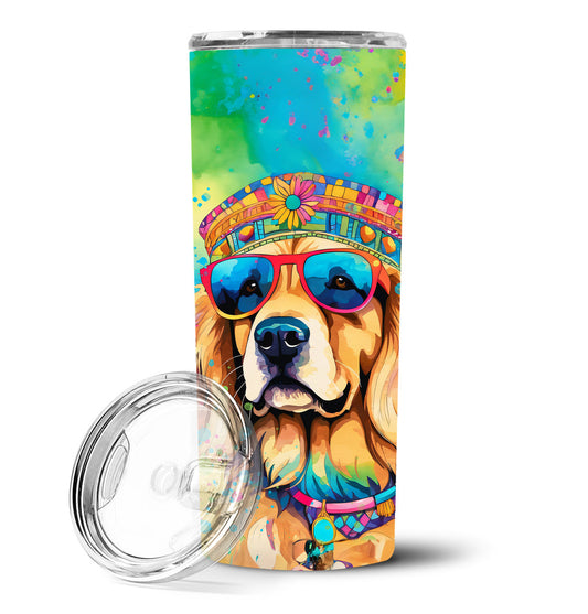 Stainless steel skinny tumbler with golden retriever hippie dog artwork, open lid