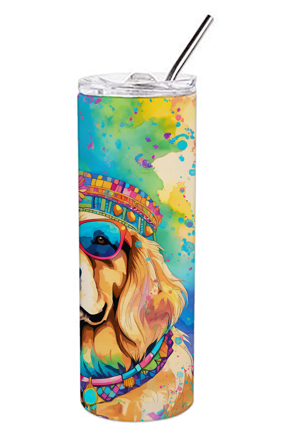 Golden Retriever Hippie Dawg Stainless Steel Skinny Tumbler Vacuum Double Walled Reusable Insulated Tumbler Travel Cup for Coffee Cocktails Gift with Lid, 20 oz - Renee Lane Company