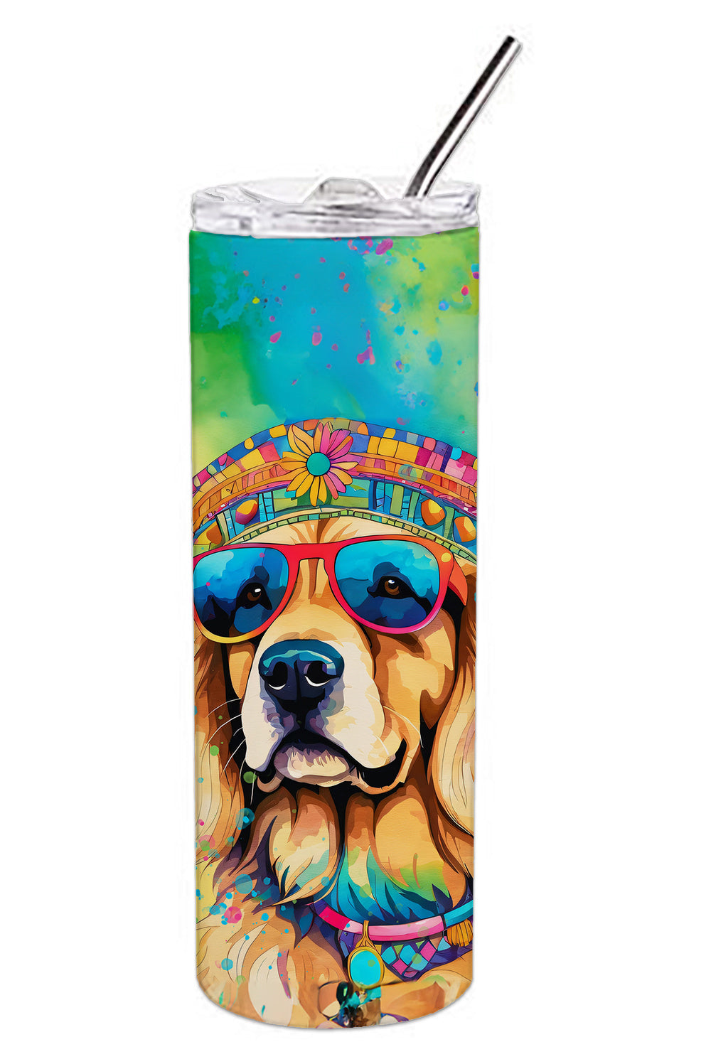 Golden Retriever Hippie Dawg Stainless Steel Skinny Tumbler Vacuum Double Walled Reusable Insulated Tumbler Travel Cup for Coffee Cocktails Gift with Lid, 20 oz - Renee Lane Company