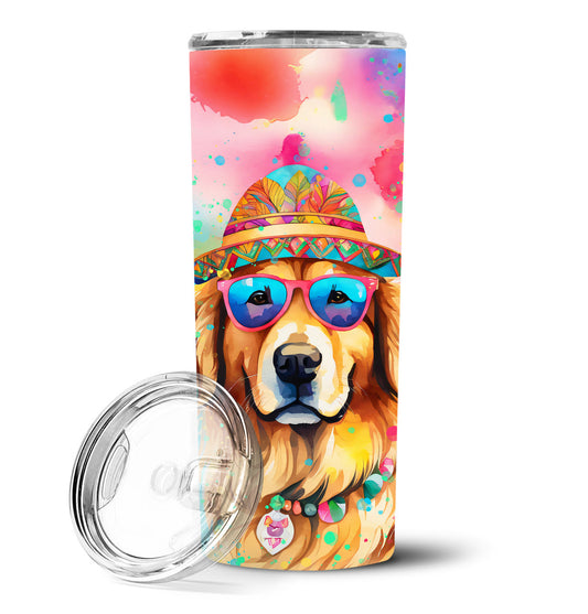 20 oz skinny stainless tumbler with lid, straw, and colorful golden retriever print