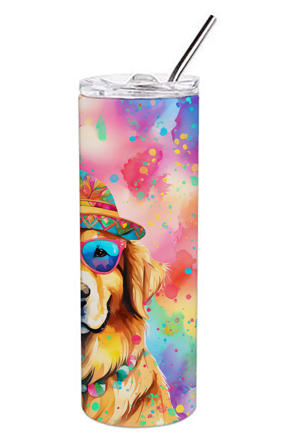 Golden Retriever Hippie Dawg Stainless Steel Skinny Tumbler Vacuum Double Walled Reusable Insulated Tumbler Travel Cup for Coffee Cocktails Gift with Lid, 20 oz - Renee Lane Company
