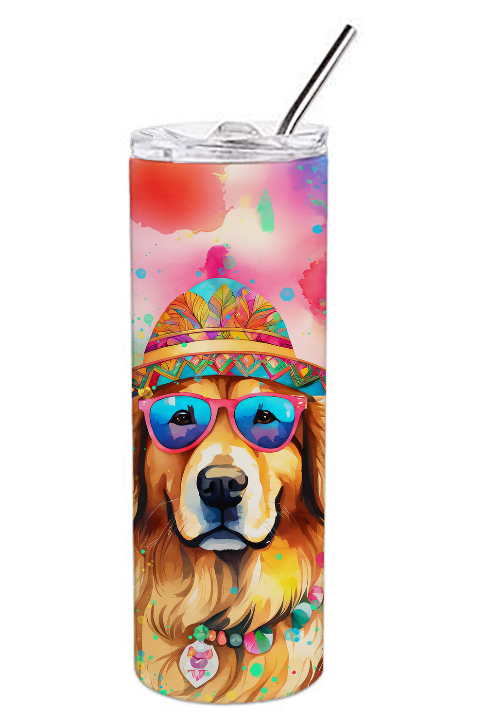 Golden Retriever Hippie Dawg Stainless Steel Skinny Tumbler Vacuum Double Walled Reusable Insulated Tumbler Travel Cup for Coffee Cocktails Gift with Lid, 20 oz - Renee Lane Company