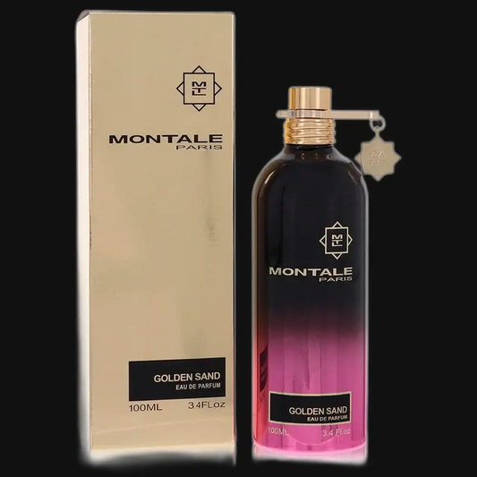 Montale eau de parfum set: dark bottle with gold cap, pink tint, beige box