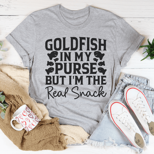Athletic heather short-sleeve T-shirt showing the “Real Snack” goldfish graphic