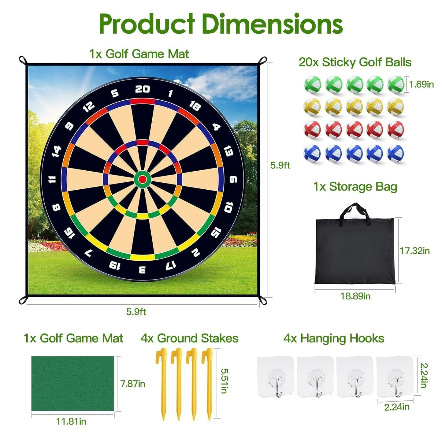 Golf Chipping Dart Game Mat Set With 20 Sticky Balls Ground Stakes Hanging Hooks Carrying Bag Indoor Outdoor Golf Hitting Training Game Mat For Kids Beginners - Renee Lane Company
