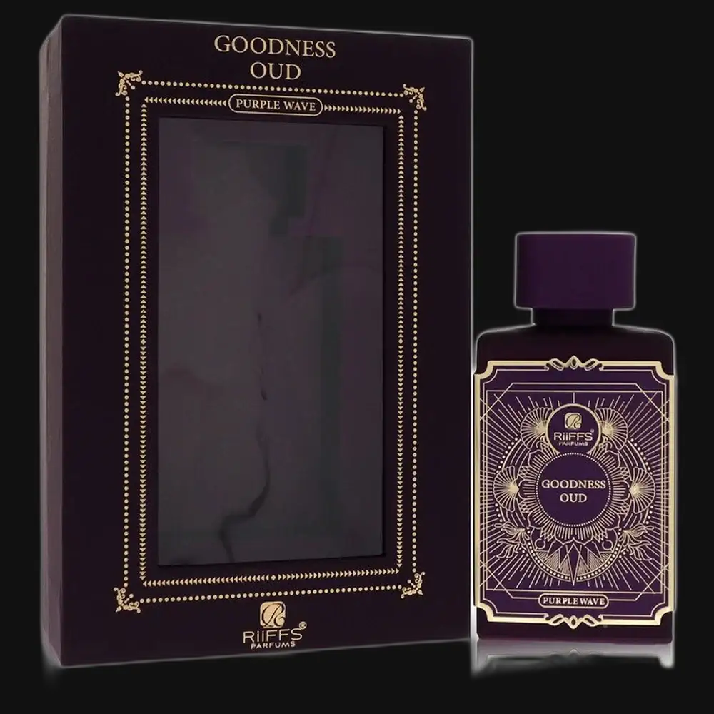 Purple oud perfume bottle with cap, beside gift box