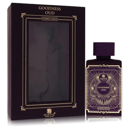 Purple oud perfume bottle with cap, shown next to label box