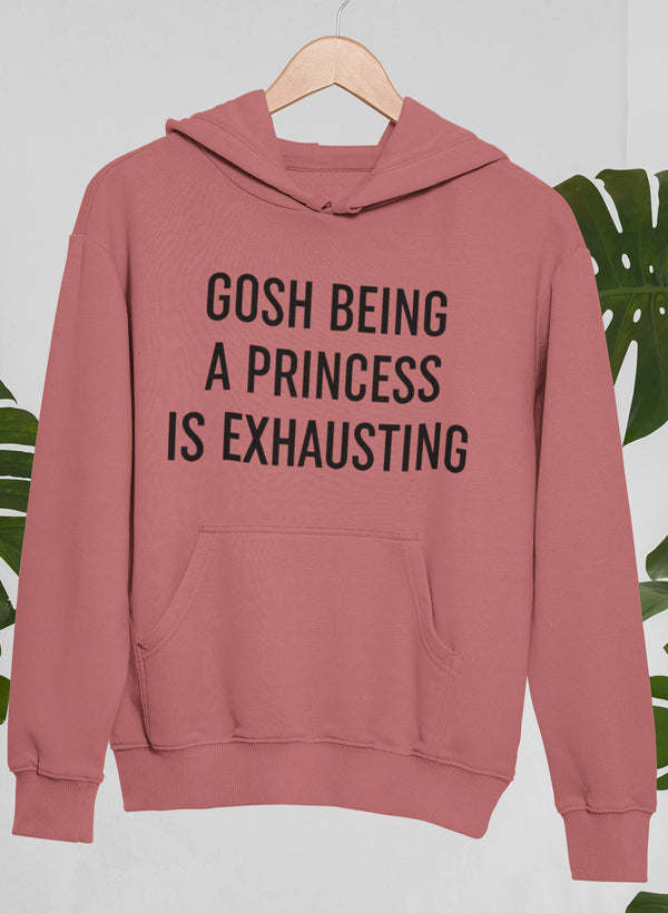 Mauve pullover hoodie with hood and front kangaroo pocket, white slogan print.