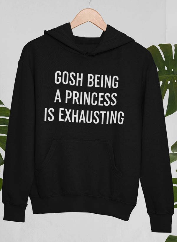Black pullover hoodie with hood and front kangaroo pocket, white slogan print.