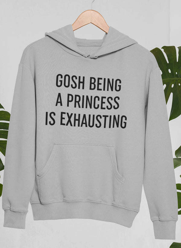 Gray hoodie with front text, kangaroo pocket, and adjustable hood.