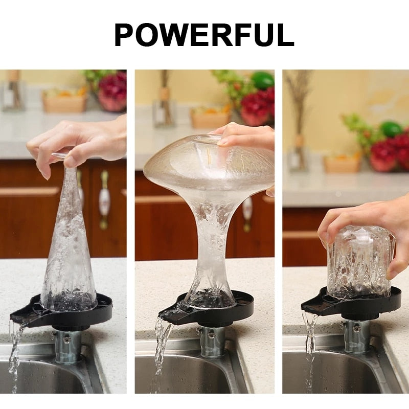 Automatic cup washer glass rinser spraying water over a clear cup