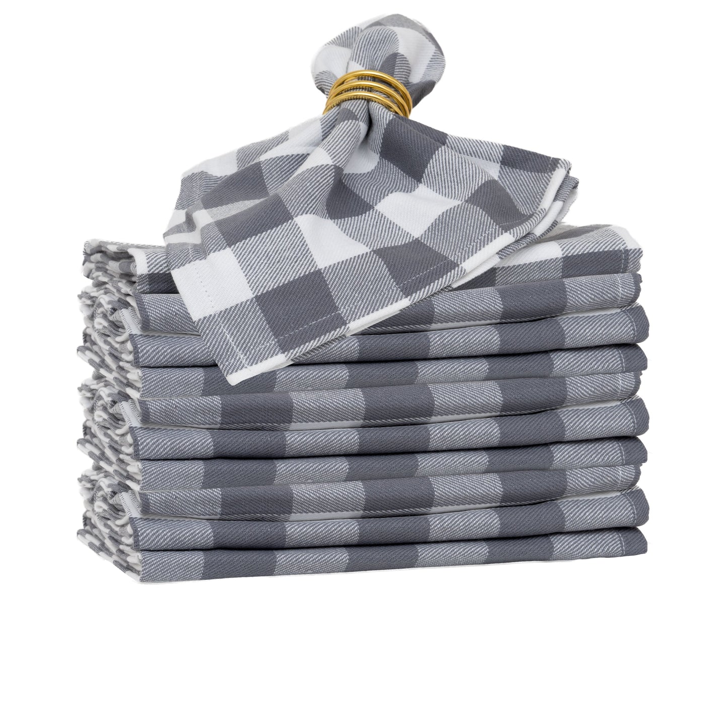 Plaid dinner napkins, gray and white check, folded stack