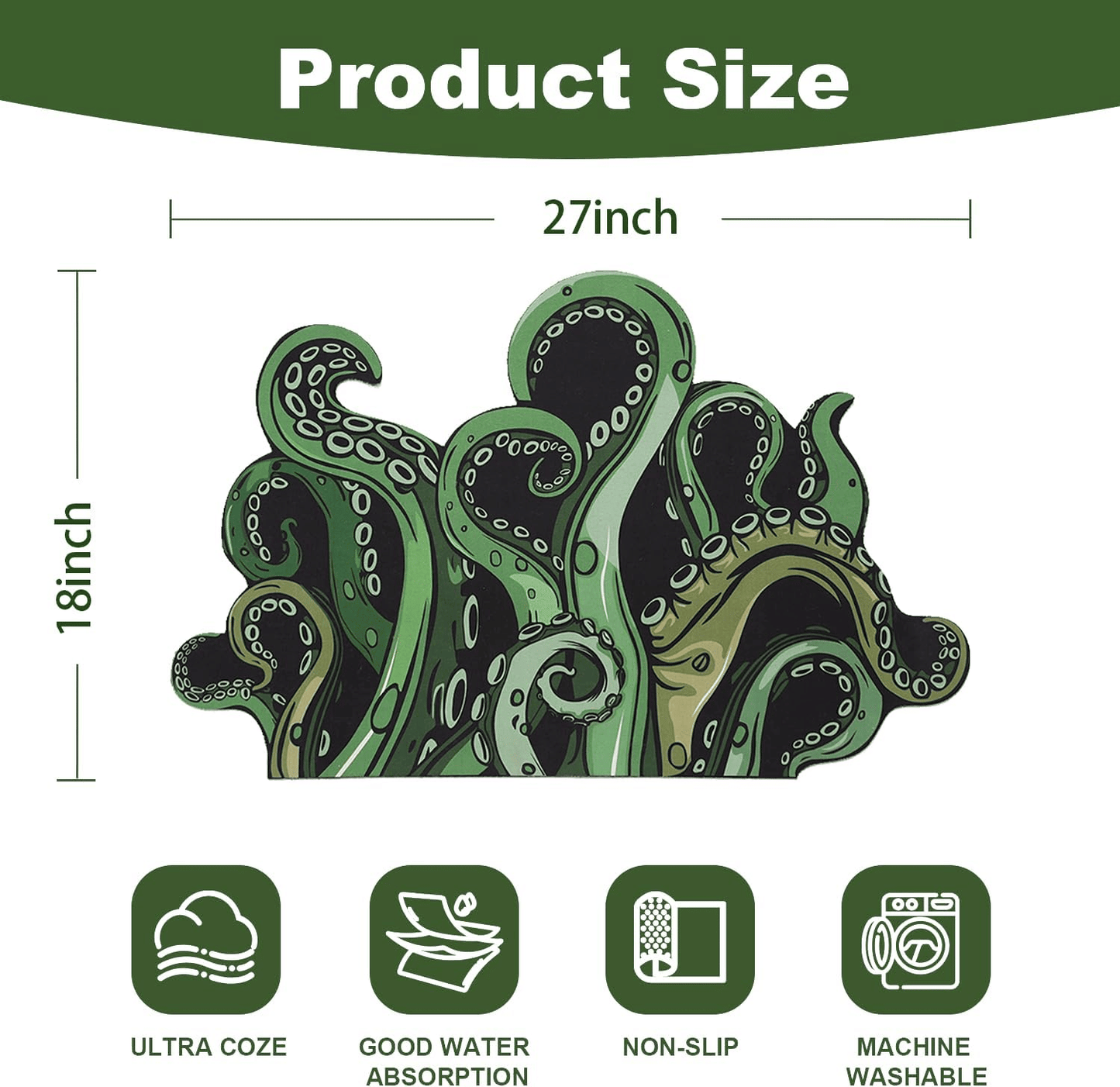 Green And Purple Cthulhu Rugs Water Absorbent Bath Mat Octopus Anime Rug Graphic Gothic Bathroom Rugs Fantasy Decorate, Non Slip Backing, Unique Gift & Decor for Gamers, 27x18 in - Renee Lane Company