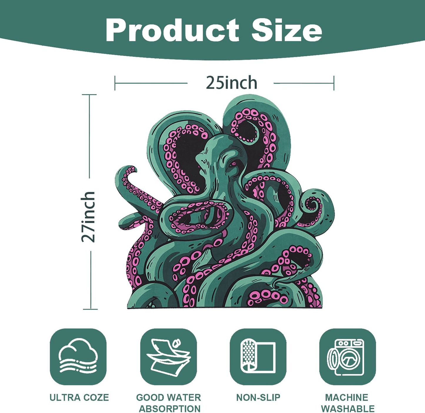Green And Purple Cthulhu Rugs Water Absorbent Bath Mat Octopus Anime Rug Graphic Gothic Bathroom Rugs Fantasy Decorate, Non Slip Backing, Unique Gift & Decor for Gamers, 27x18 in - Renee Lane Company