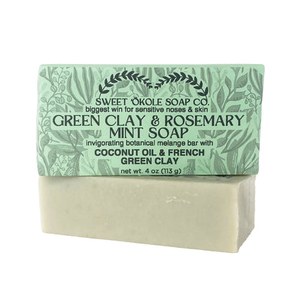 Green Clay & Rosemary Peppermint Soap, Crisp Scent Vegan Bar - Renee Lane Company