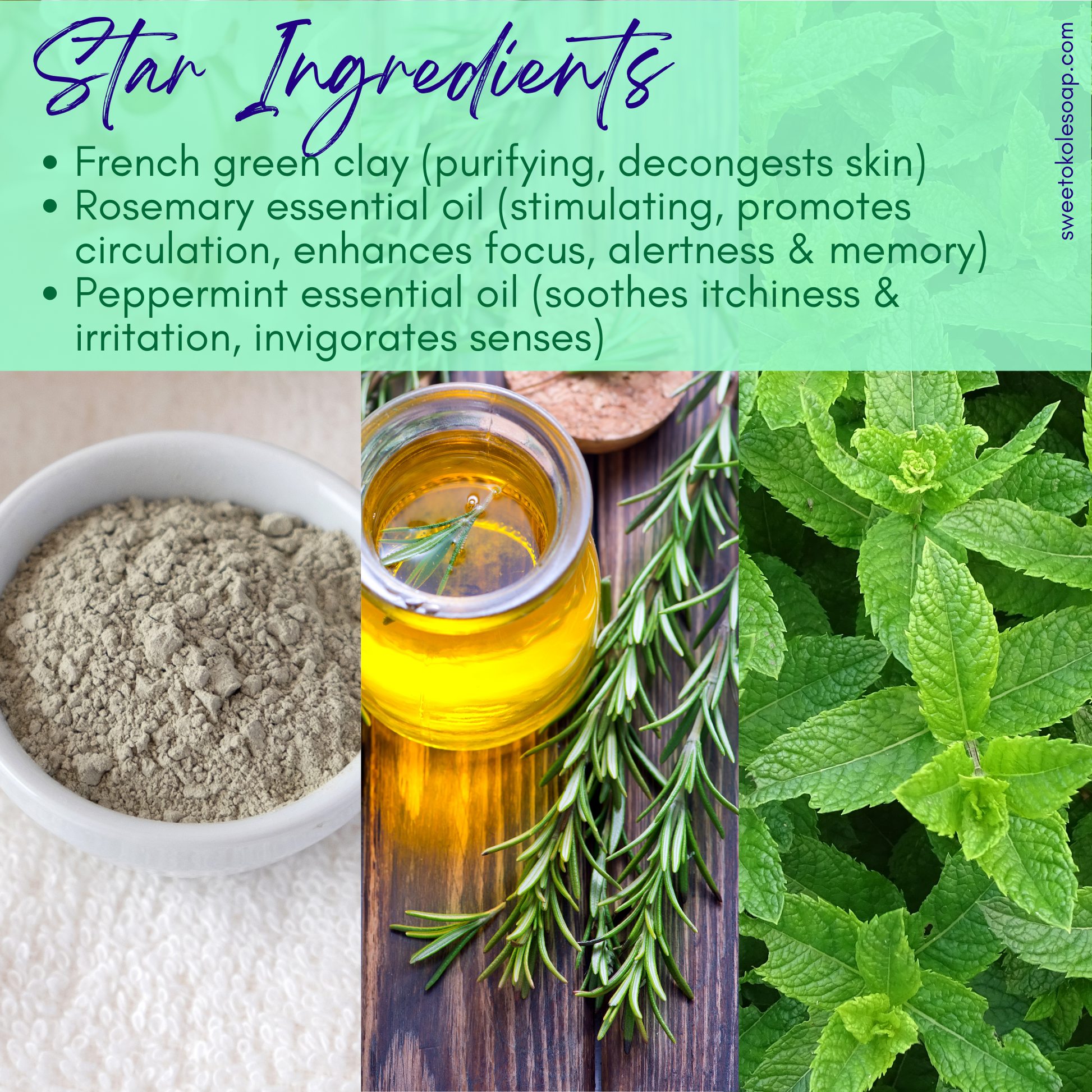 Green Clay & Rosemary Peppermint Soap, Crisp Scent Vegan Bar - Renee Lane Company