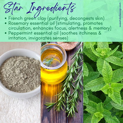 Green Clay & Rosemary Peppermint Soap, Crisp Scent Vegan Bar - Renee Lane Company
