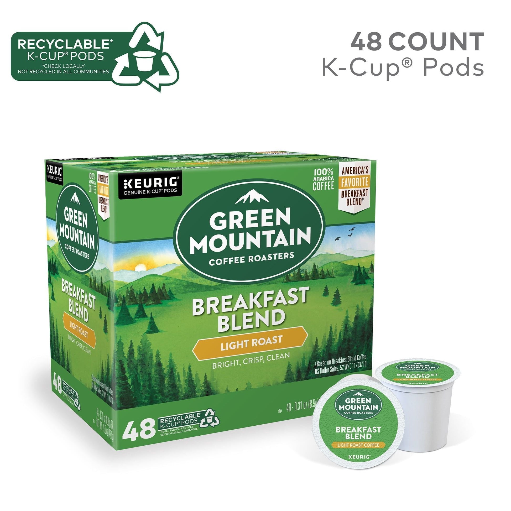 Green Mountain Coffee Roasters, Breakfast Blend Light Roast K-Cup Coffee Pods, 48 Count - Renee Lane Company