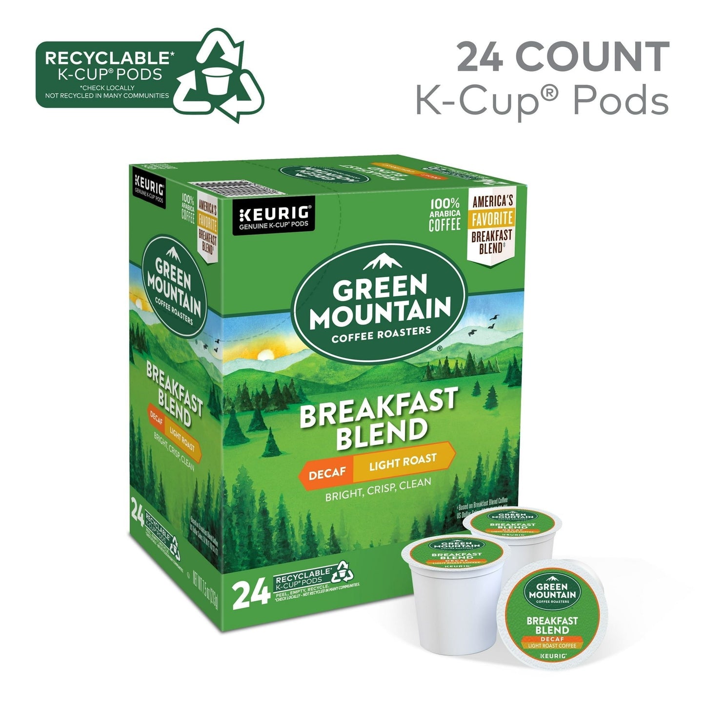 Green Mountain Coffee Roasters, Decaf Breakfast Blend Light Roast K-Cup Coffee Pods, 24 Count - Renee Lane Company