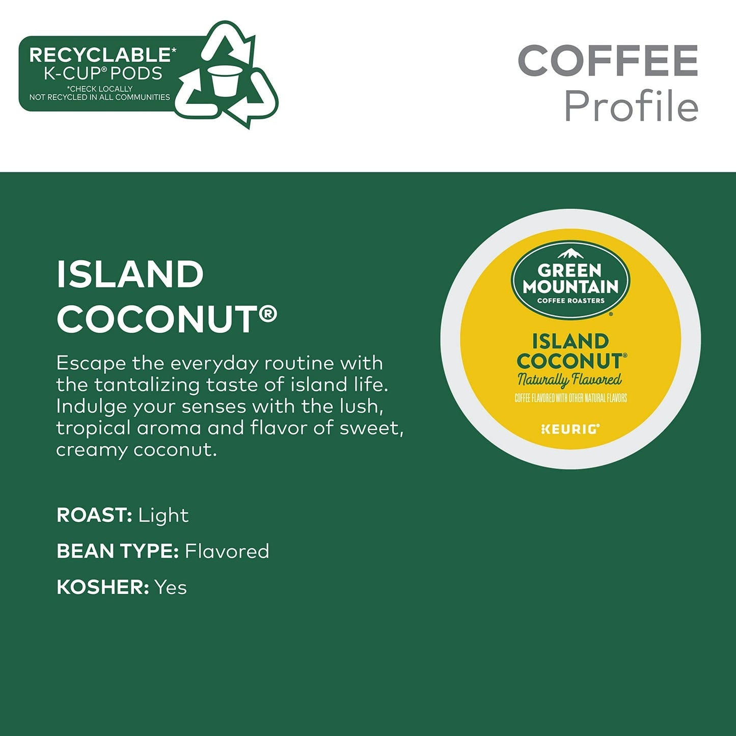Green Mountain Coffee Roasters Island Coconut, Single-Serve Keurig K-Cup Pod, Flavored Light Roast Coffee, 24 Count (Pack Of 1) - Renee Lane Company