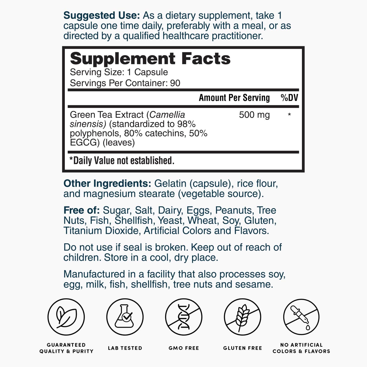 Supplement Facts panel for green tea extract 500 mg, serving size 1 capsule